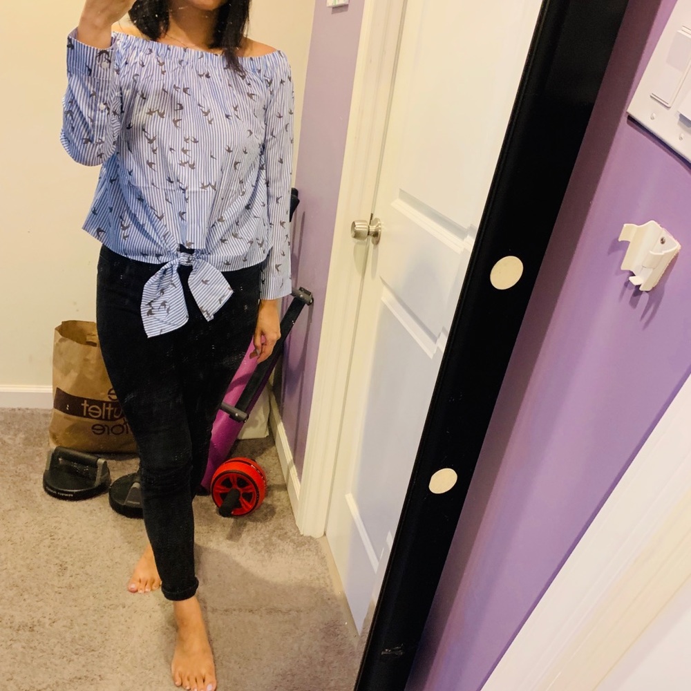 Express off the shoulder striped tie front blouse